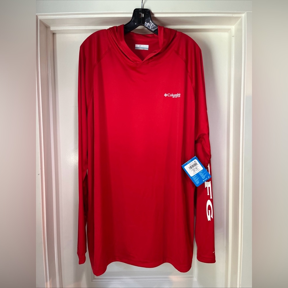Mens XL Columbia PFG Deep Waves Hoodie Red UPF50 Omni-Shade Sun Shirt Fishing